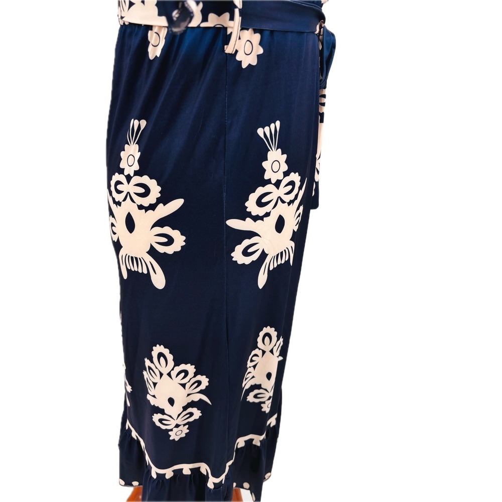 Fashion Navy & White Pull Over Dress Womens V-Neck Belted Ruffled Hem Midi - Picture 5 of 6
